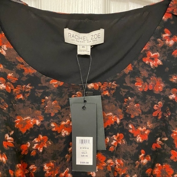 RACHEL ZOE Silk Ruffle-Sleeve Floral Top in Black/Red Multi Size XS - Picture 5 of 8